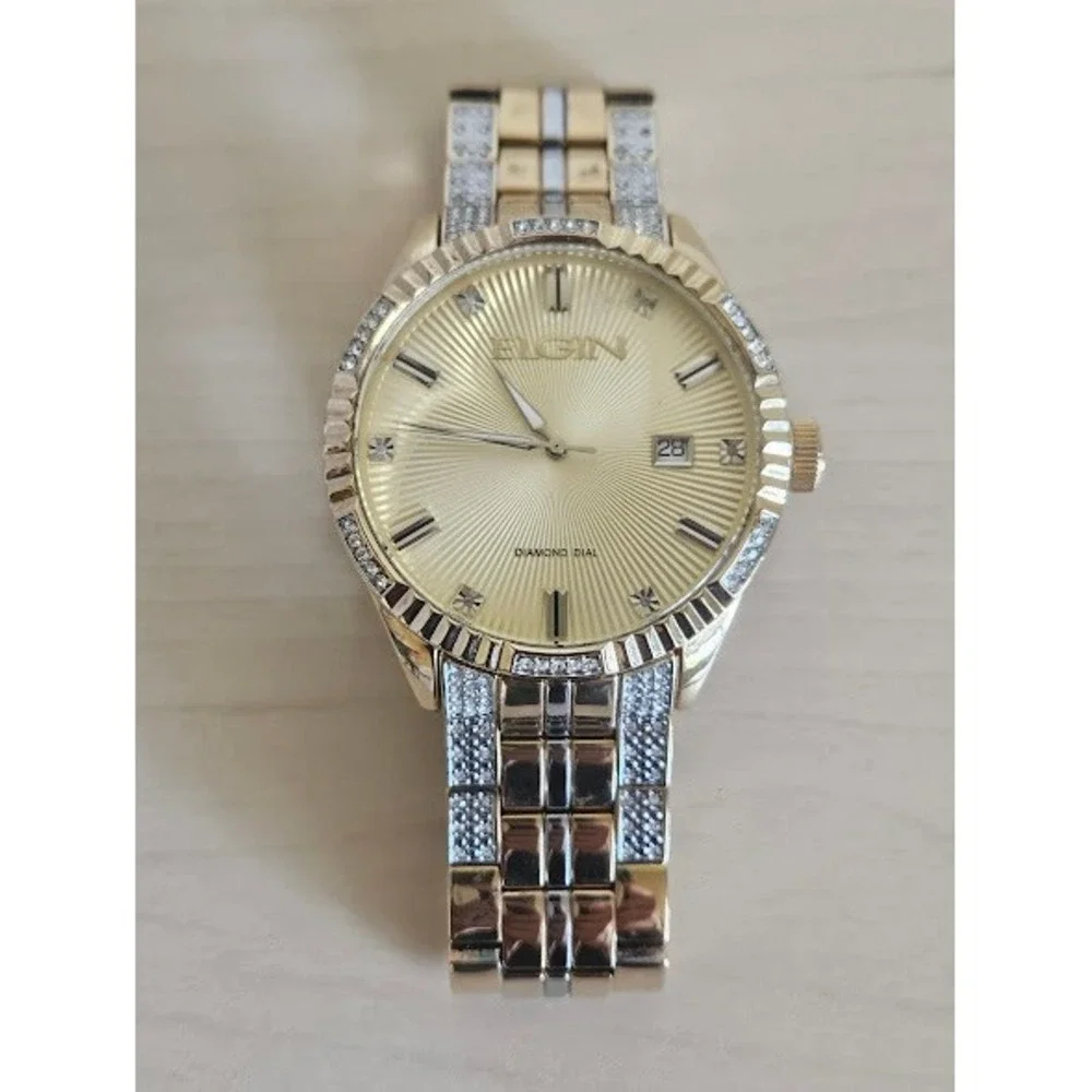 Elgin Men Gold Tone Crystal Watch and Bracelet Set Stainless Steel Analog